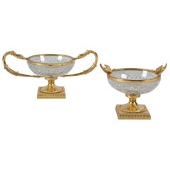 19th Century Pair of French Crystal Bowls, Gilded Brass Frames in Empire Style