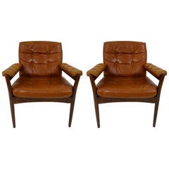 Pair of Midcentury Scandinavian Wood and Leather Armchairs by Gote Möbel 