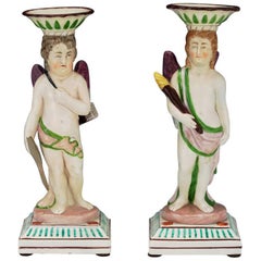 English Pearlware Pottery Figural Candlesticks, Attributed to Neale & Co.