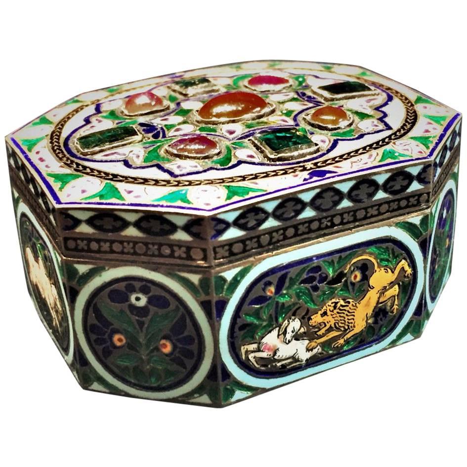 Antique Indian Enameled Silver Snuffbox with Hunting Scenes, circa 1890s