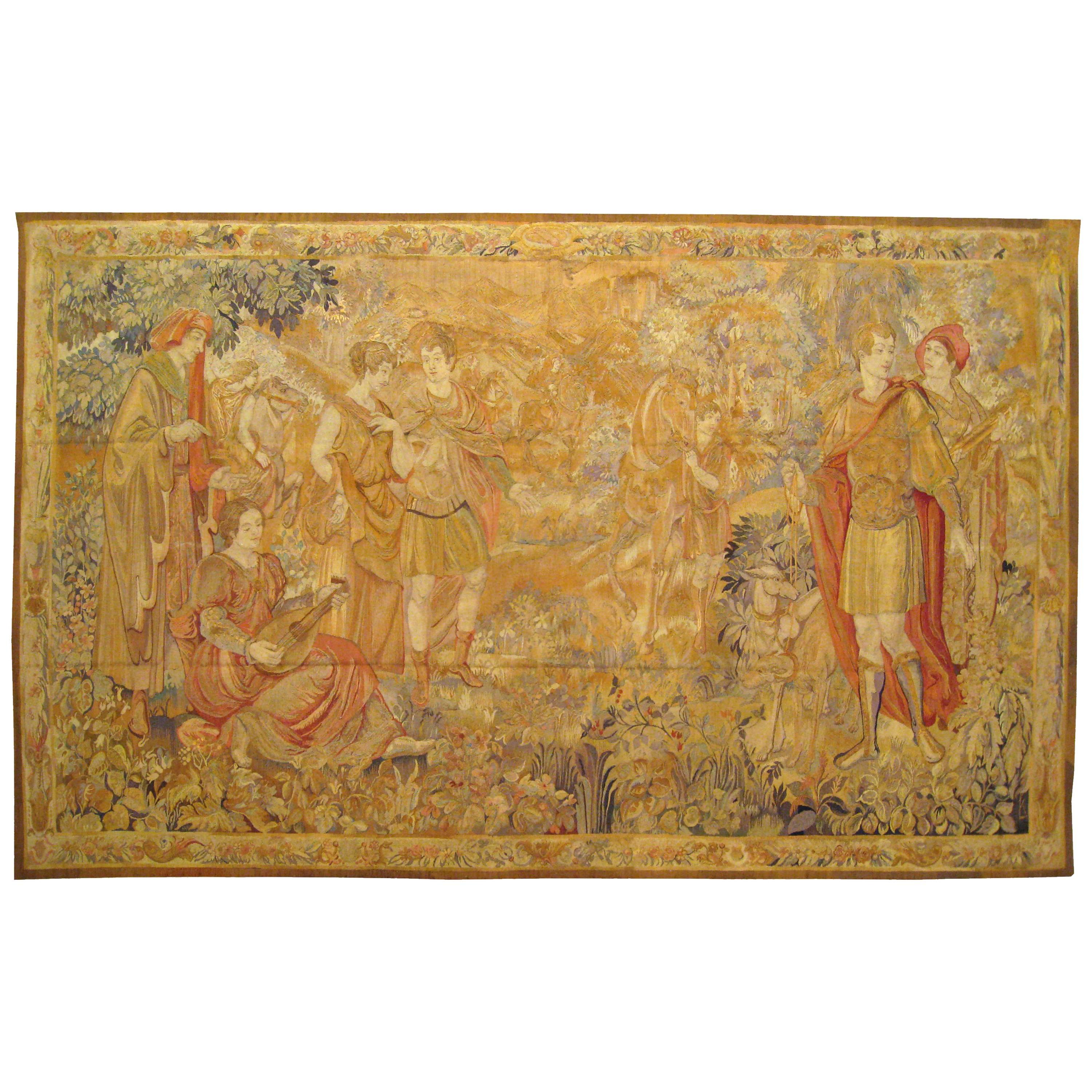 Late 19th Century French Loomed Tapestry, with Hunting Party in a Forest Setting