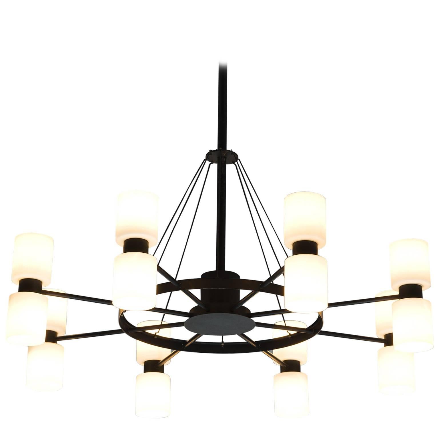 Large Chandelier in Black Metal and Opaline Glass