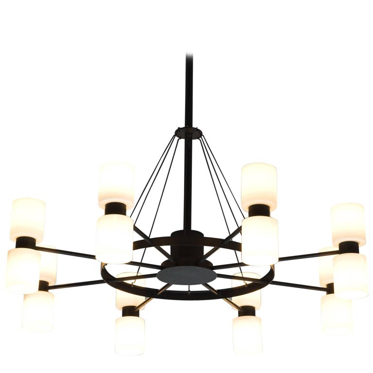 Large Chandelier in Black Metal and Opaline Glass at 1stDibs