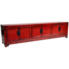 Red Lacquered Chinese Low Chest with Three Shelves