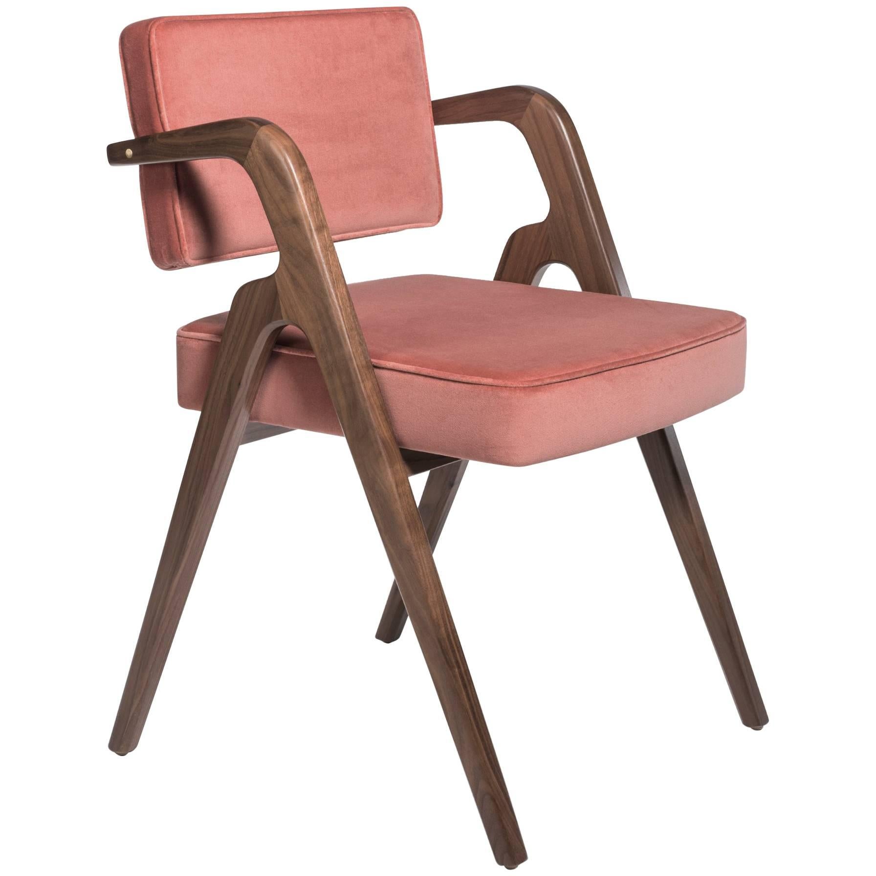 Walnut and Pink Velvet Contemporary Dining Chair by LUTECA, Made to Order