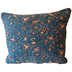 Early 19th Century French Red Birds Block Print Indigo Cotton Pillow