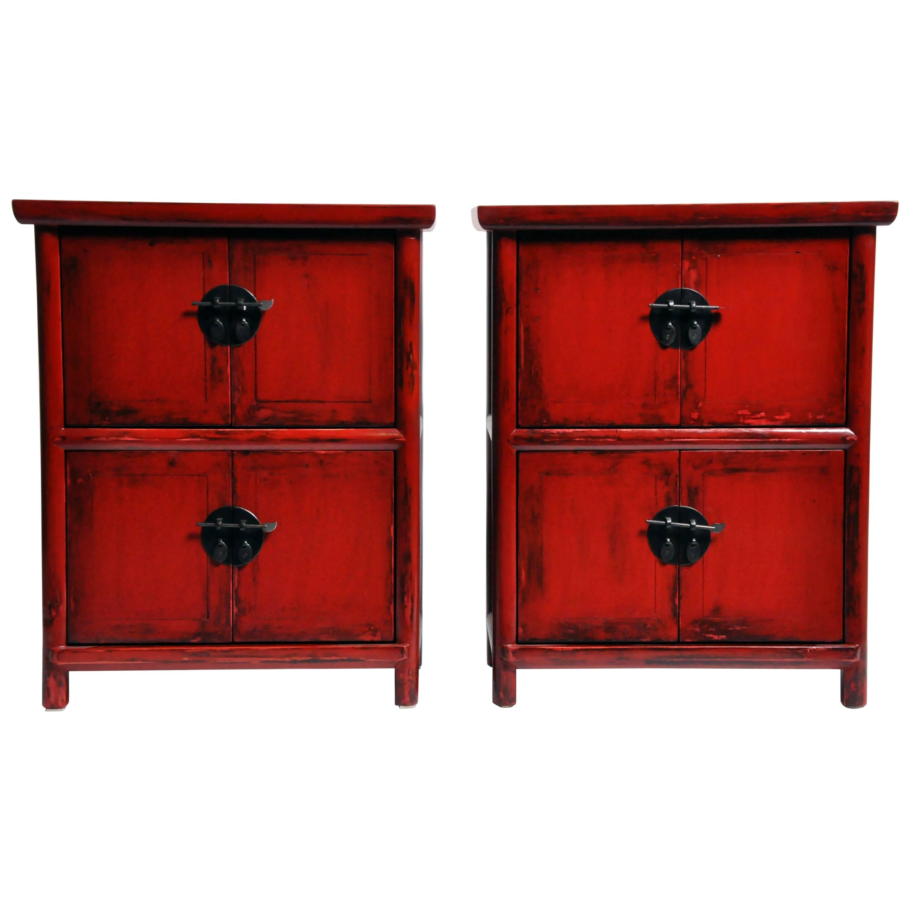 Red Lacquered Chinese Side Chests with Two Shelves