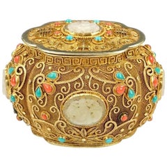 Chinese Sterling Silver Gilt Filigree Covered Box with Carved Jade