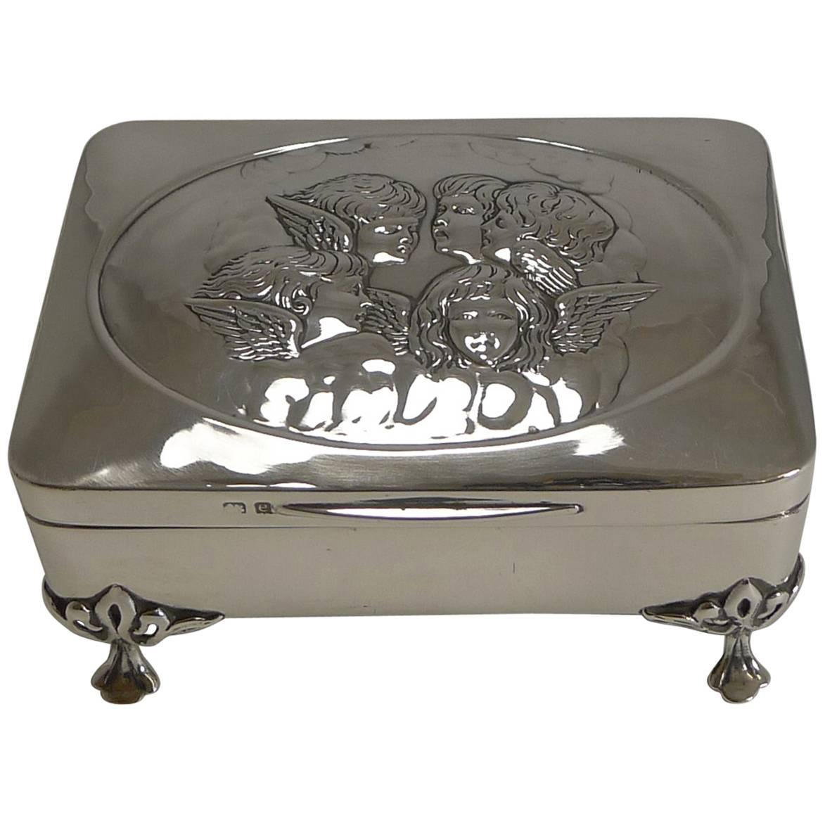 Antique English Sterling Silver Jewelry Box Cherubs / Angels