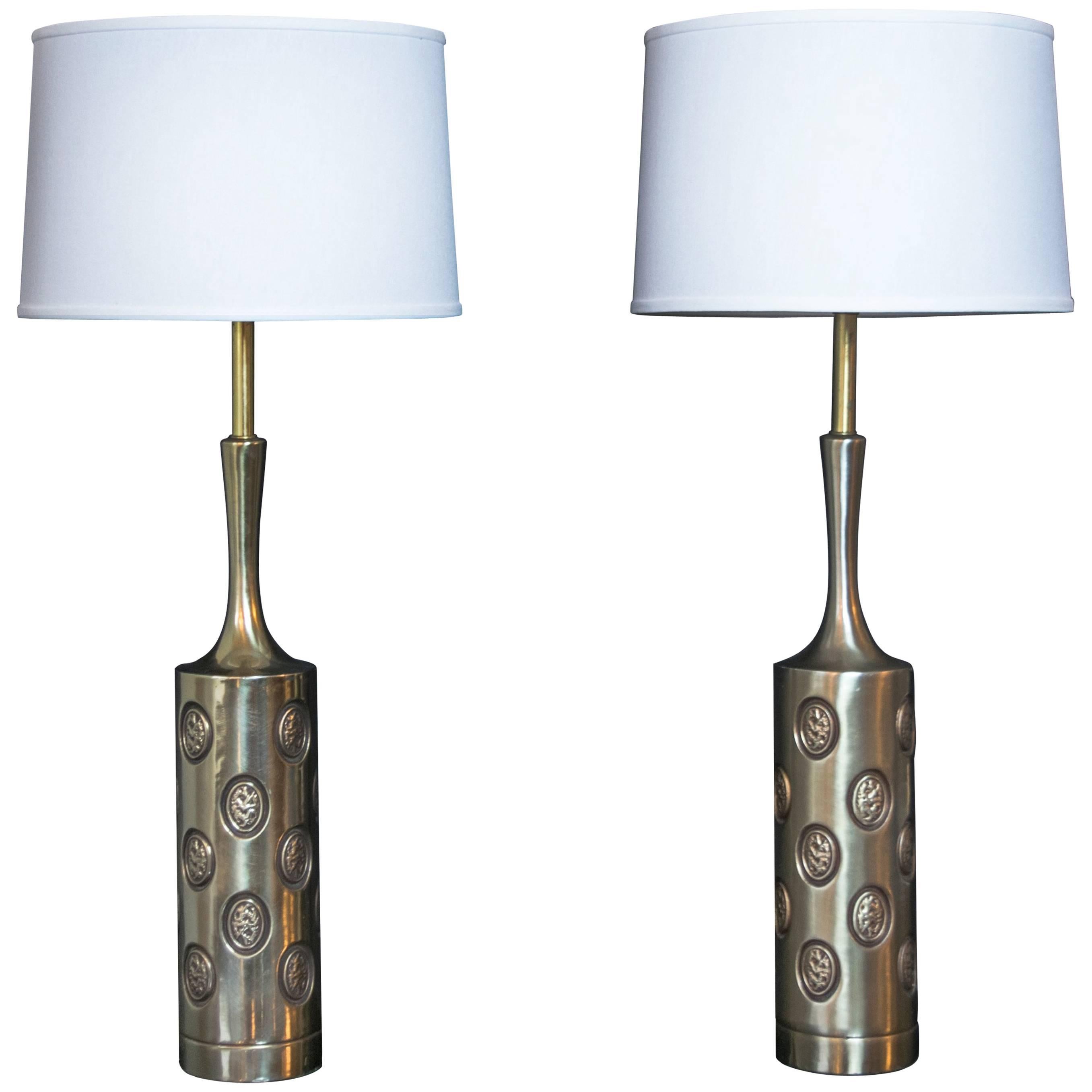 Pair of Tall Brass Rembrandt "Coin" Lamps For Sale