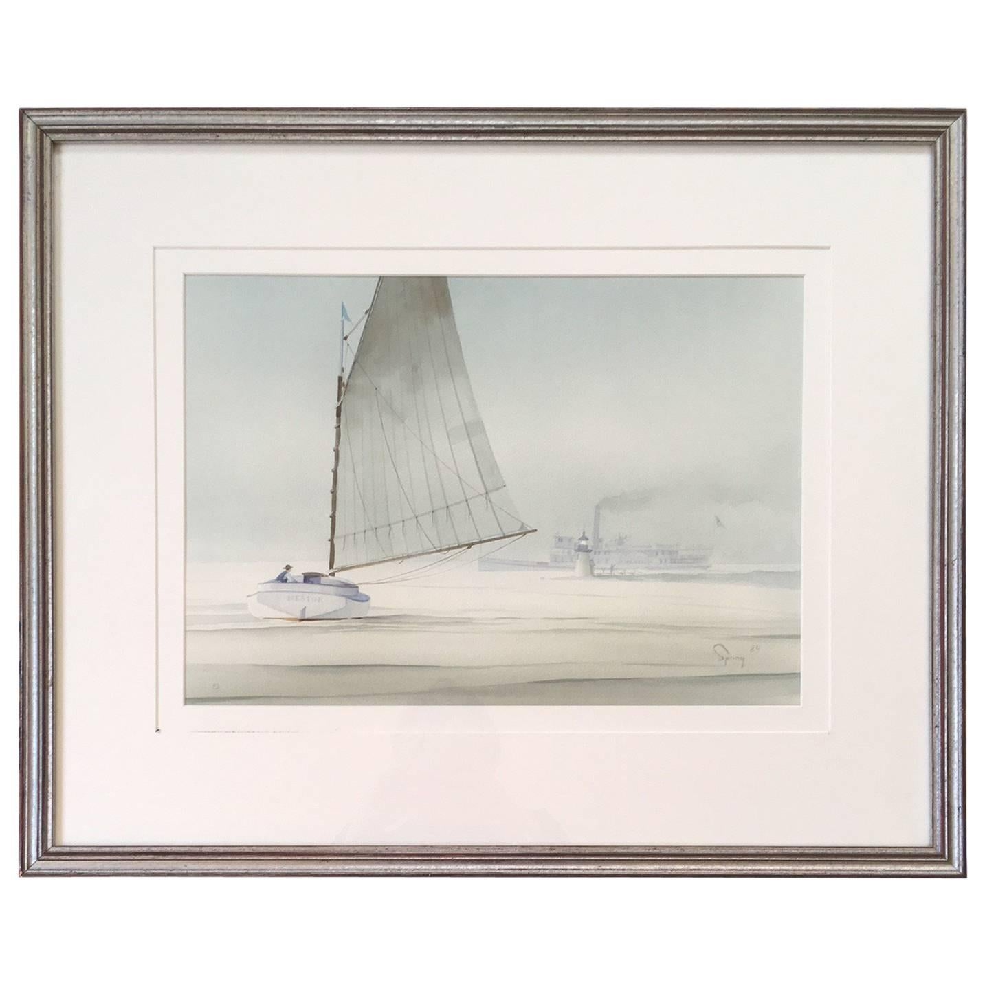 Nantucket Watercolor of Catboat and Steamship at Brant Point by Robert Spring