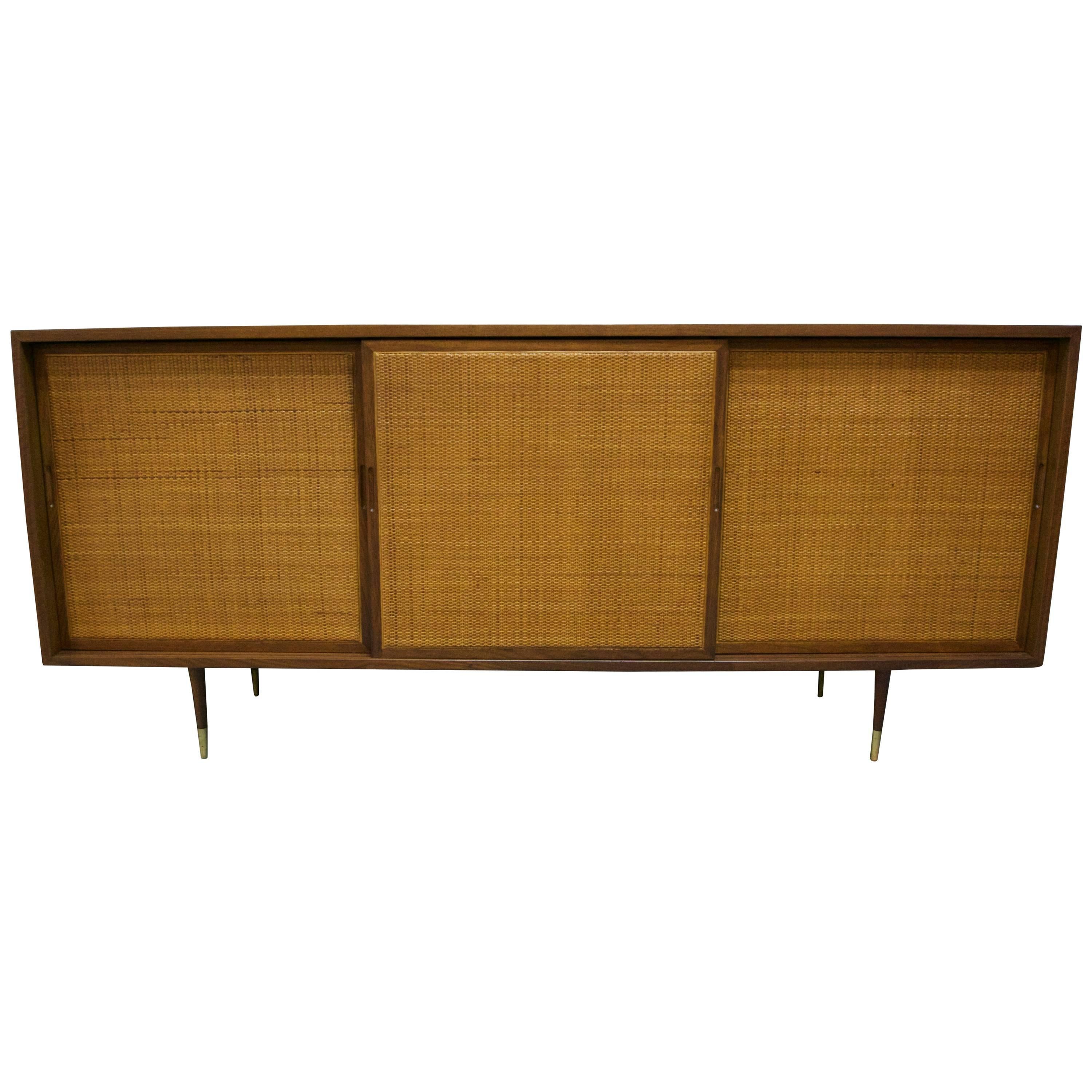 1960 American Walnut Credenza with Woven Cane Doors For Sale