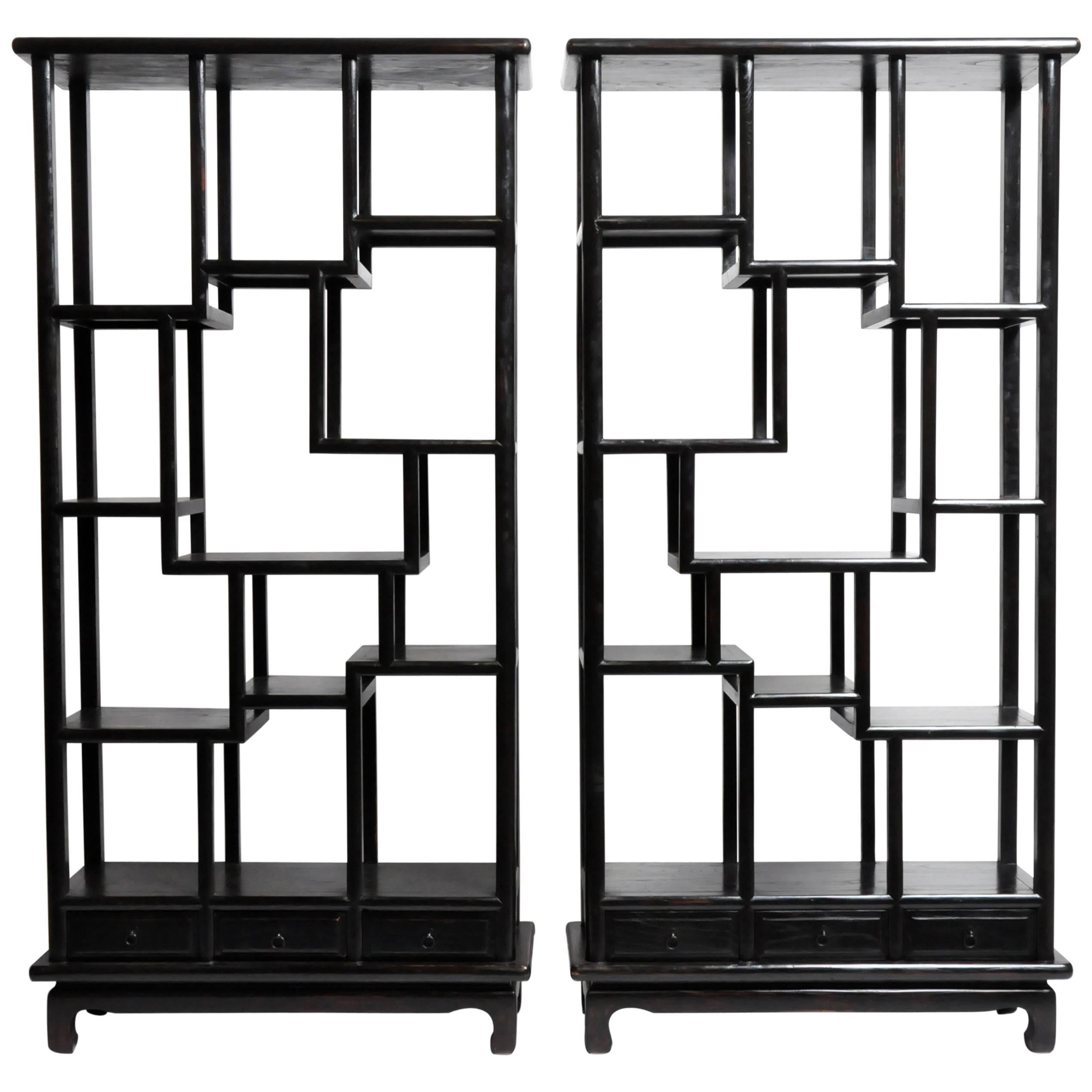 Pair of Chinese Display Cabinets with Three Drawers