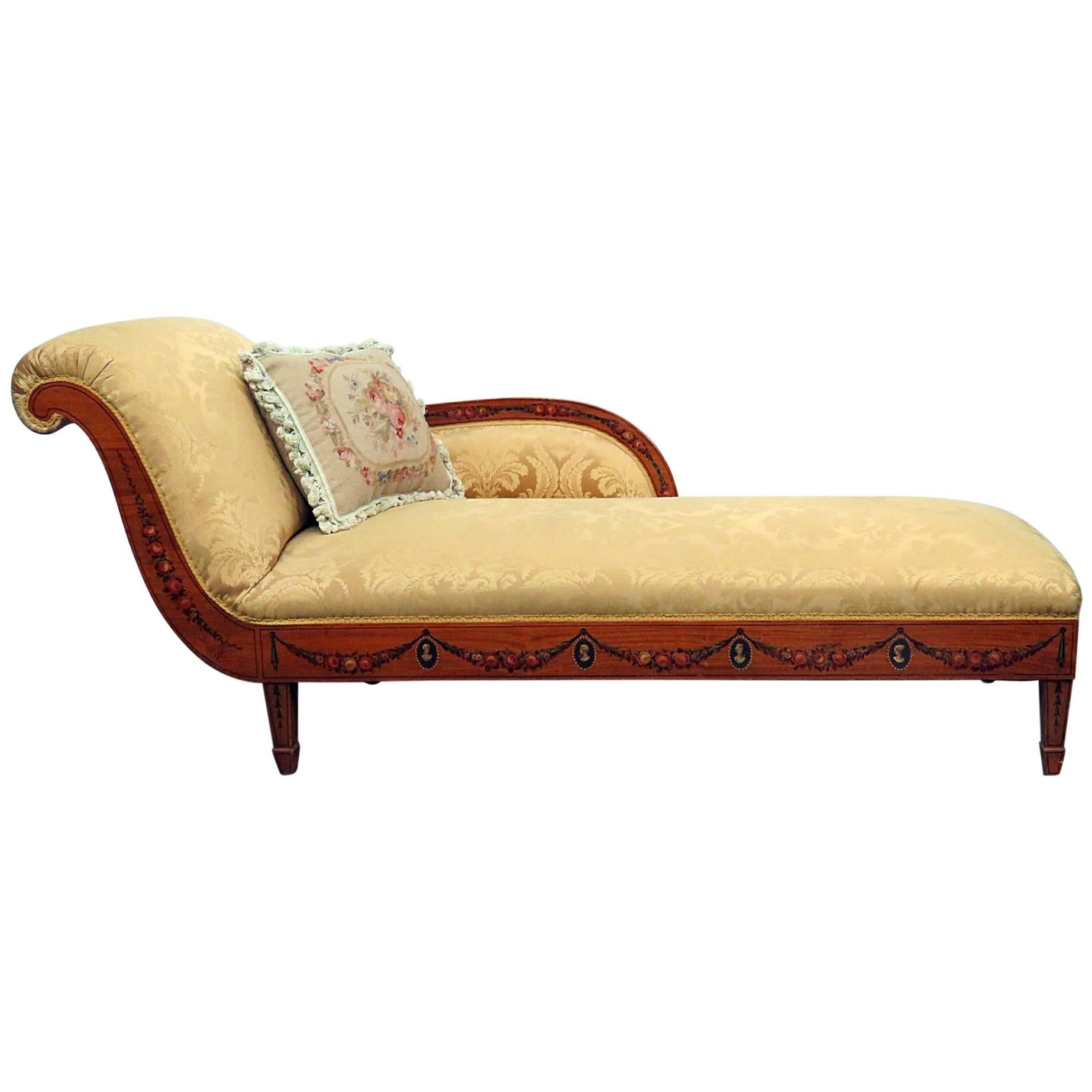 Early English 1850s Era Satinwood Adams Painted Chaise Longue Recamier Daybed