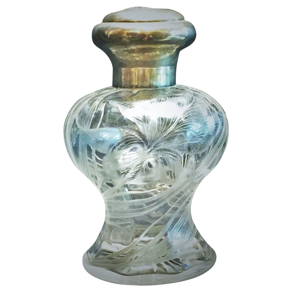 French Art Nouveau Etched Crystal and Silver Repose Perfume Bottle, circa 1900 For Sale