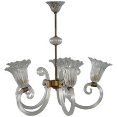 Ercole Barovier Art Deco Clear Blown Glass Chandelier with Brass Fittings