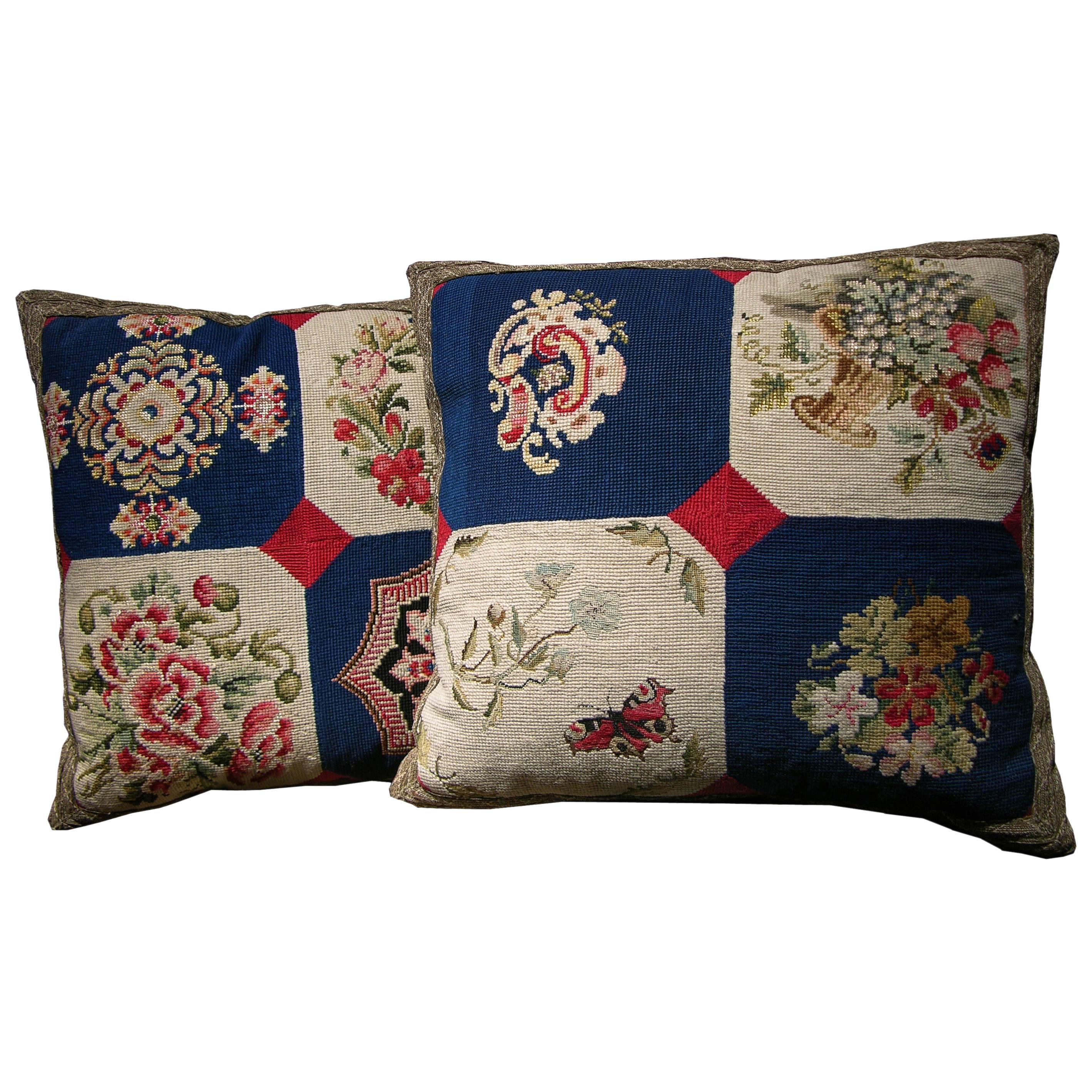 Pair of European Needlework Pillows, circa 1850, 1542p and 1543p