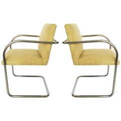 Pair of Suede Mies Van Der Rohe Tubular Brno Chairs by Knoll