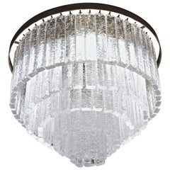 Round 5+1 Tiers Chandelier, Murano, Clear Glass 1990s, Bronze Finish Metal Ring