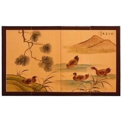 Japanese Style Four Panel Folding Screen with Ducks