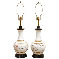 Pair of Decalcomania Style Butterfly Specimen Porcelain Table Lamps