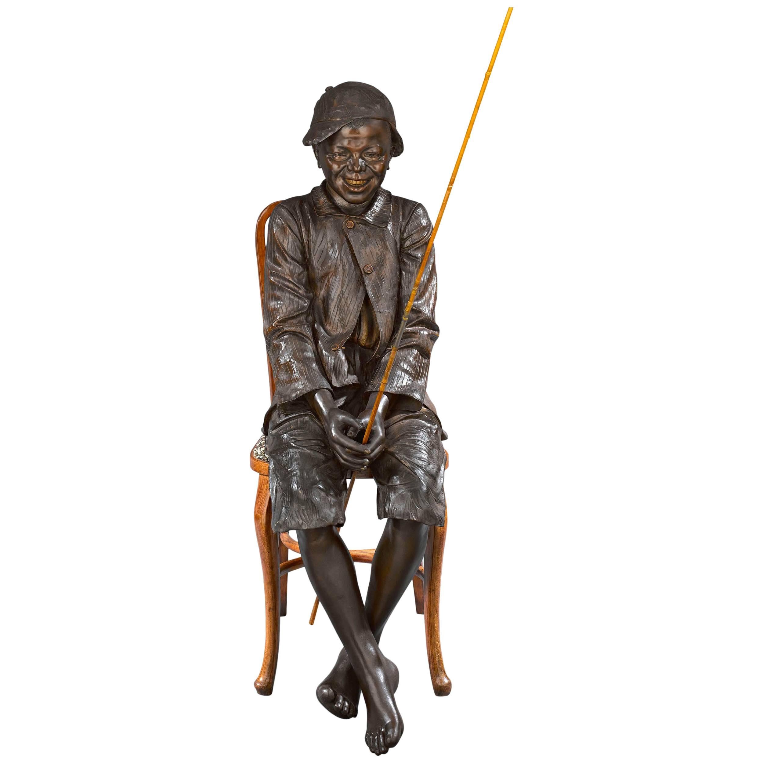 Boy Fishing Terracotta Statue by Goldscheider For Sale