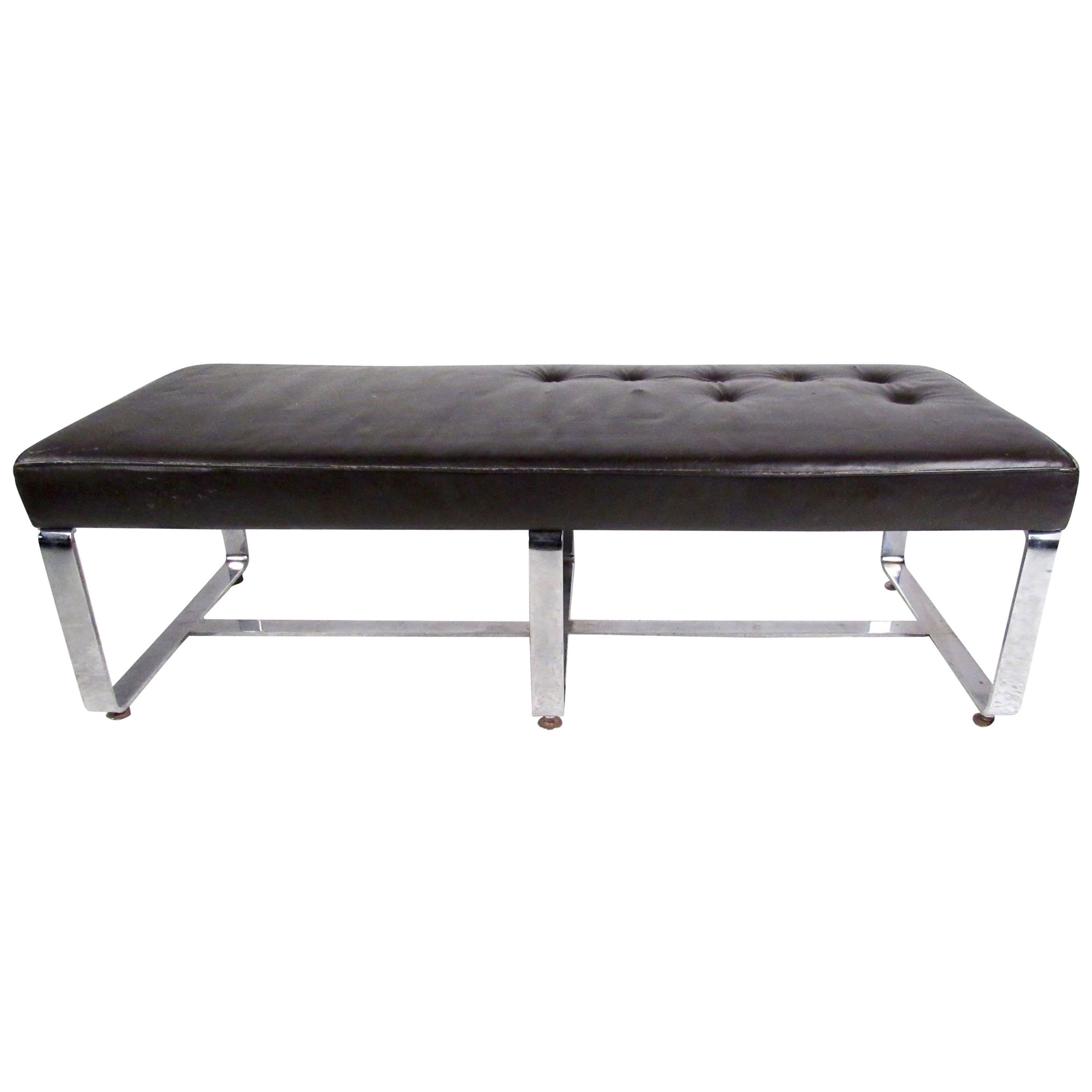 Vintage Modern Leather Bench with Chrome Frame