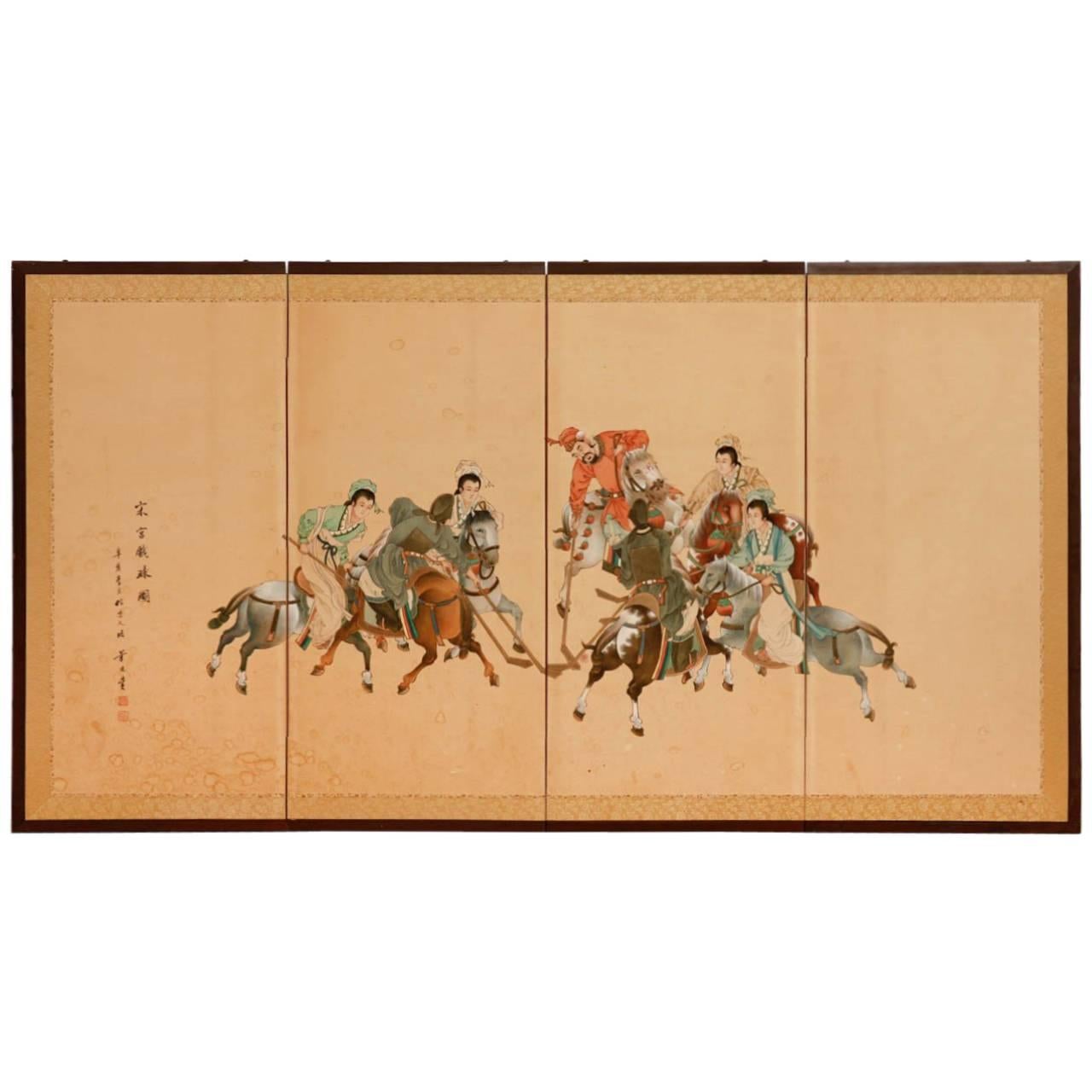 Asian Four Panel Folding Equestrian Polo Screen 