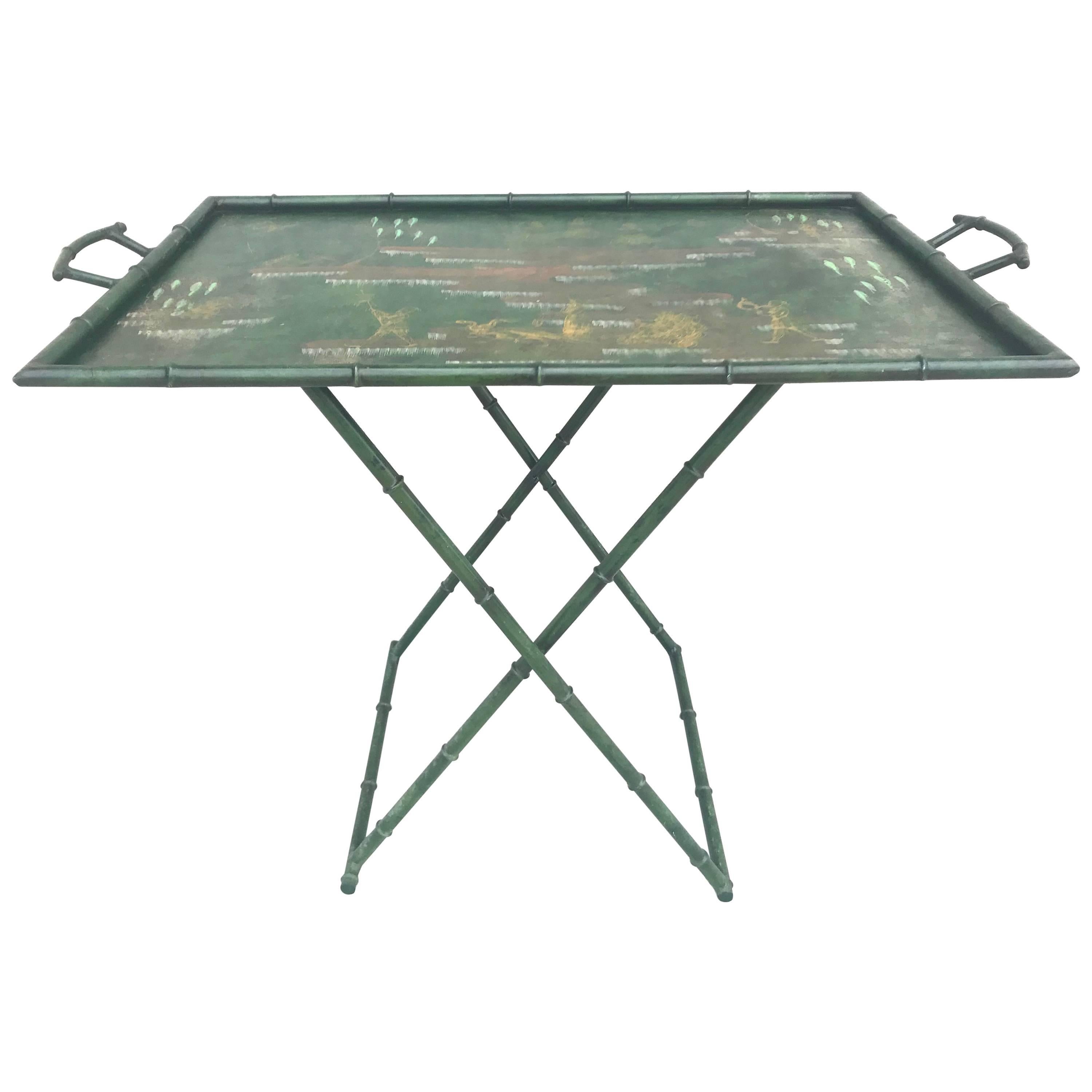 Fabulous 1950s Italian Chinoiserie Tole Faux Bamboo Tray on Stand For Sale