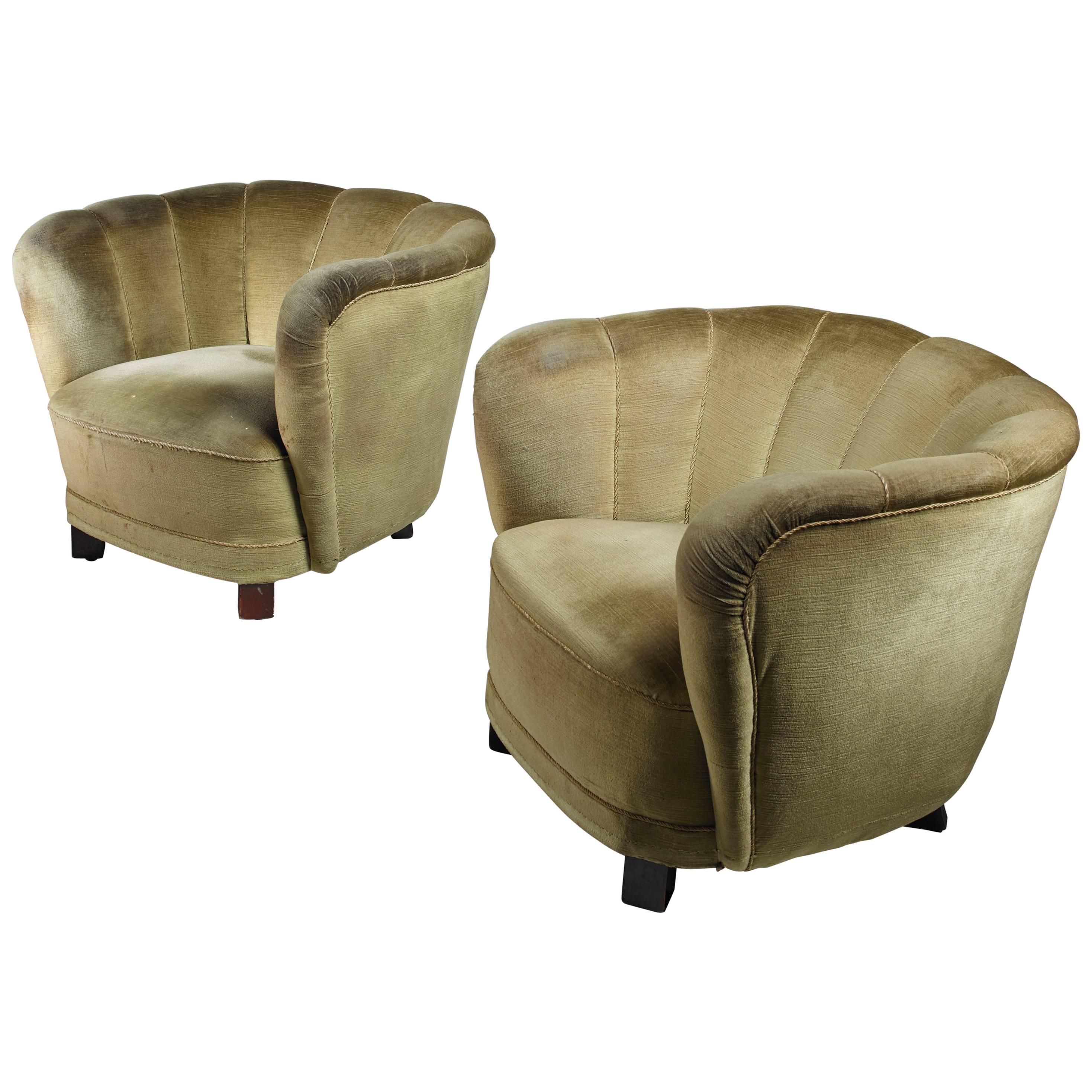 Pair of Club Chairs with Green Velour Upholstery, Denmark, 1940s