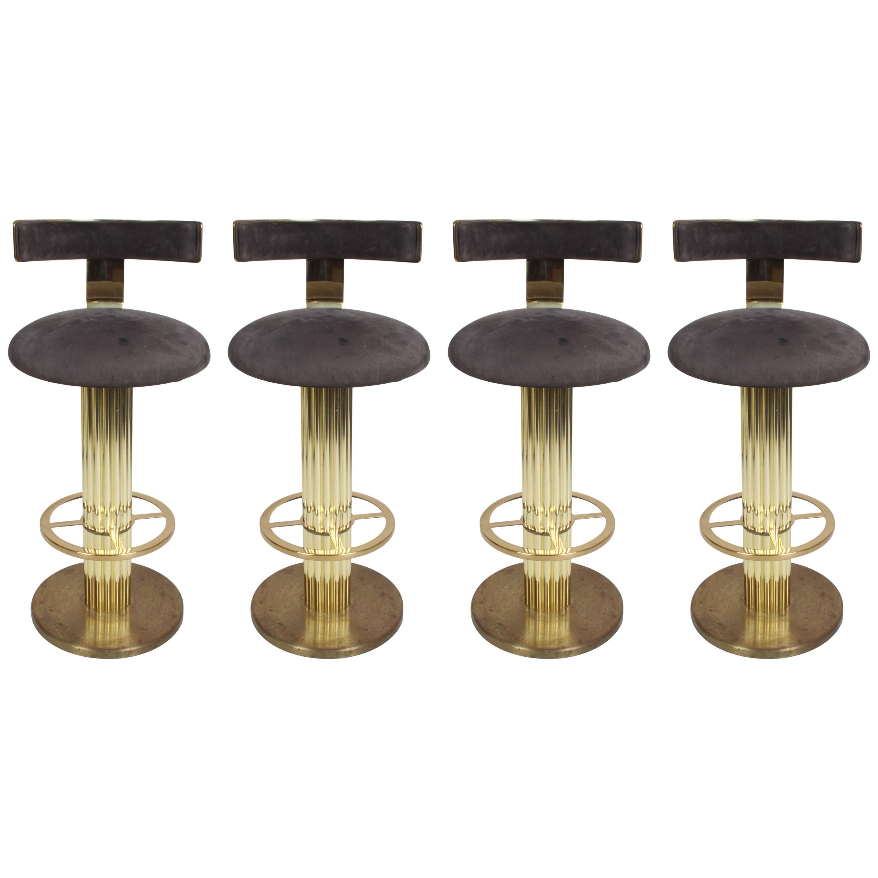 Set of Four "Excalibur" Bar Stools in Channeled Brass by Design for Leisure