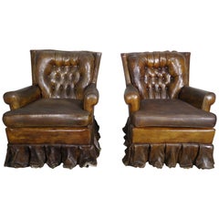 Pair of Vintage Leather Skirted Armchairs, circa 1930