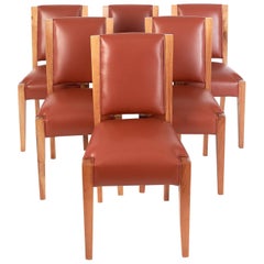 André Sornay, Important Set of Six Walnut & Leather Dining Chairs, France 1930's