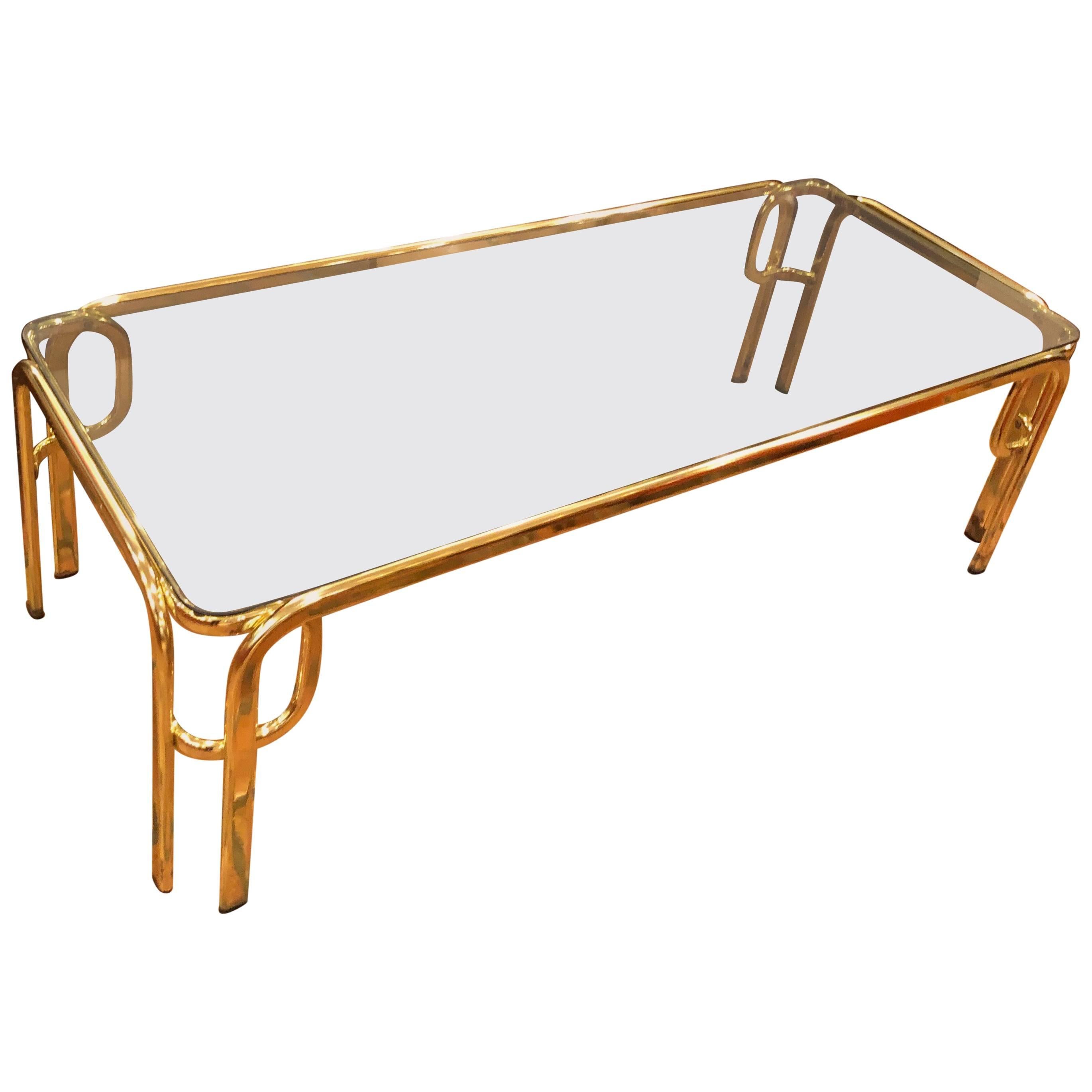 Hollywood Regency Brass and Smoked Glass Coffee Table