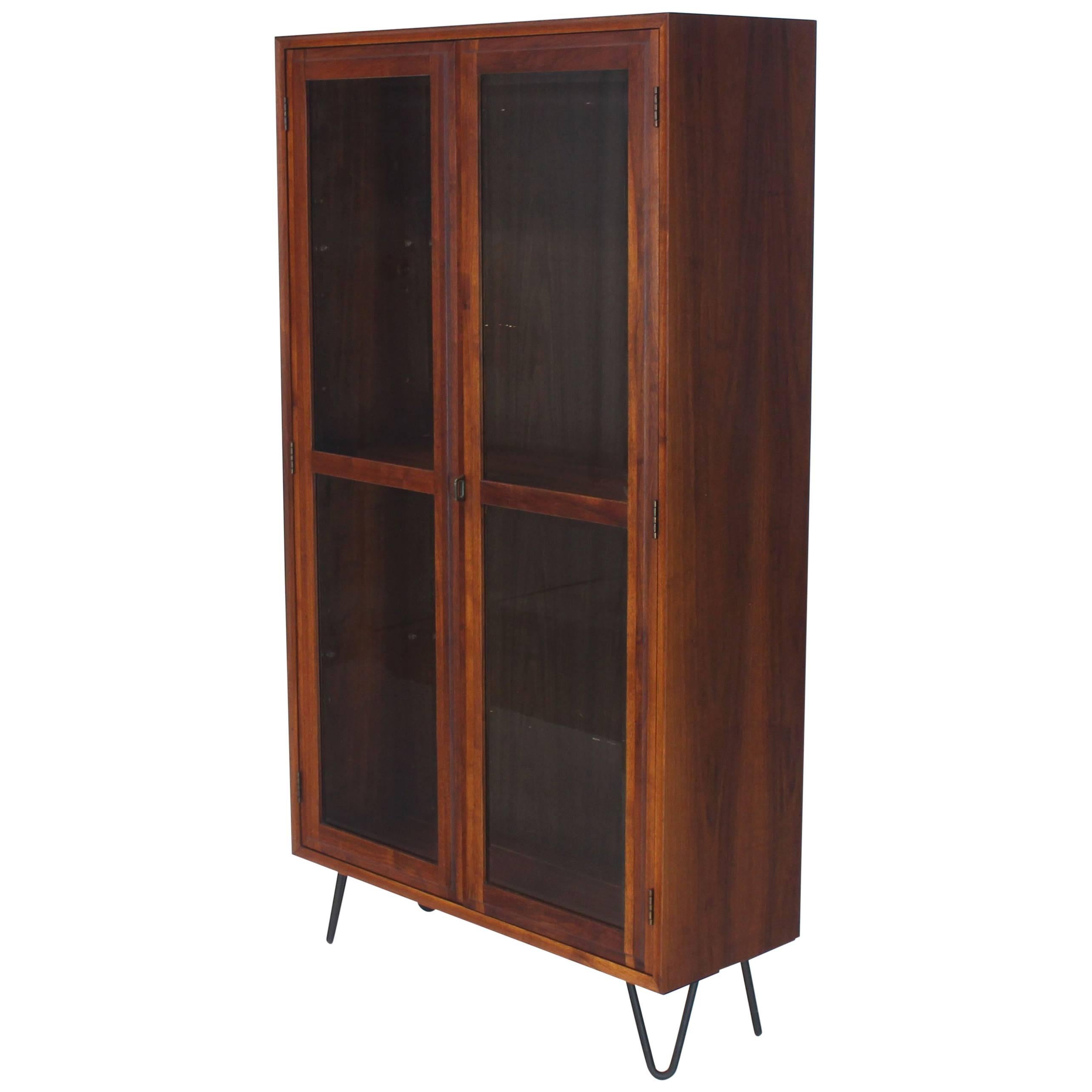 Mid-Century Modern Tall Oiled Walnut Two Doors Beveled Glass Bookcase Cabinet
