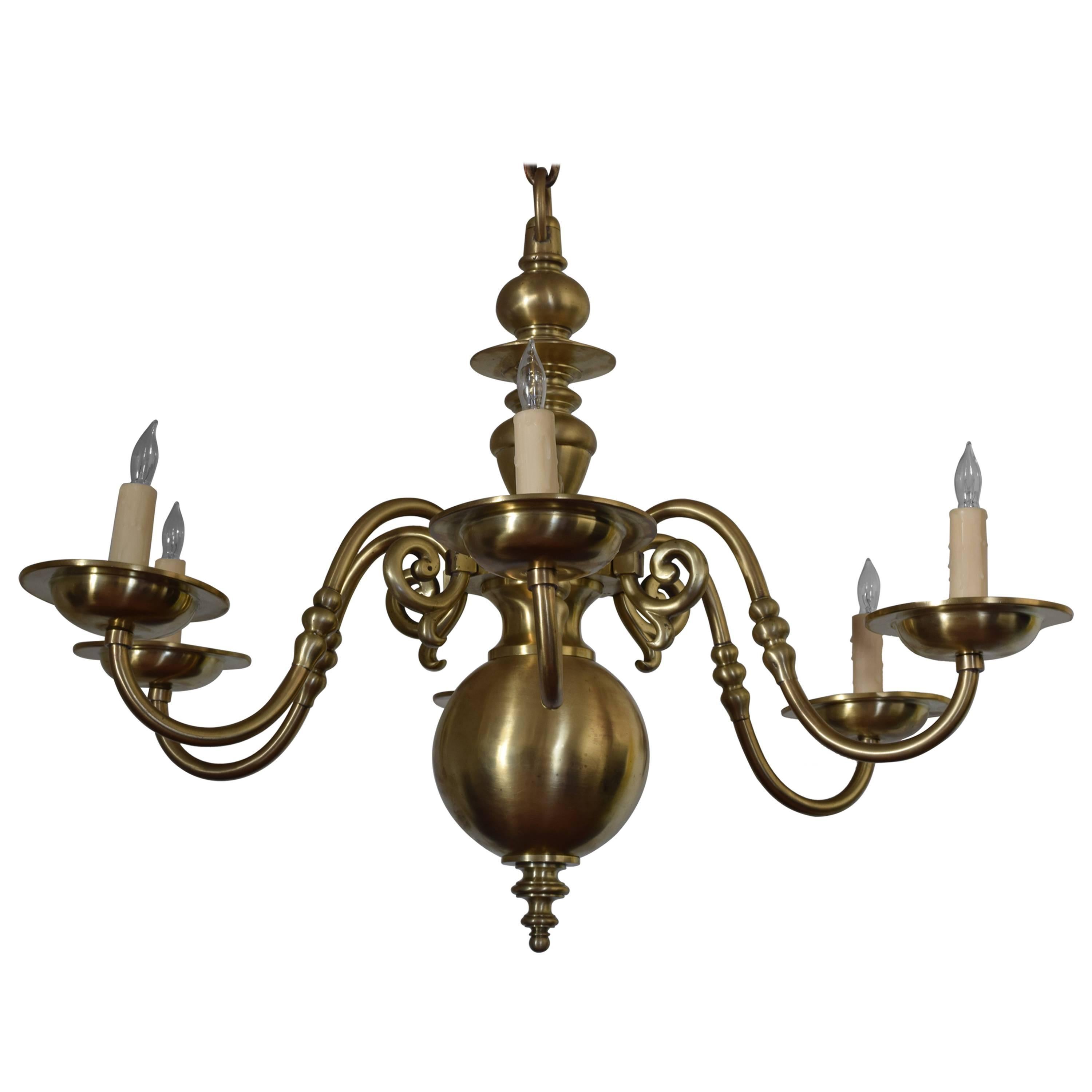 French Brass Six-Light Baroque Style Chandelier, UL Wired