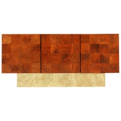 Milo Baughman Burl Walnut Credenza Raised on Brass Plinth for Thayer Coggin