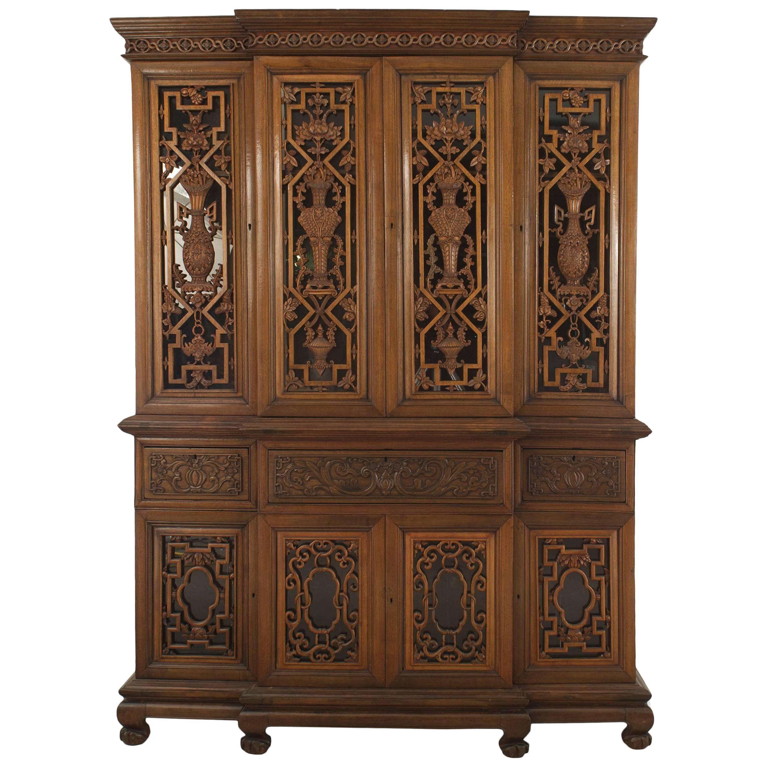 Anglo-Indian Carved Teakwood Breakfront Cabinet For Sale