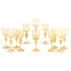 12 Venetian Salviati Large Goblets W/ Gold Leaf Inclusions & Applied Prunts 