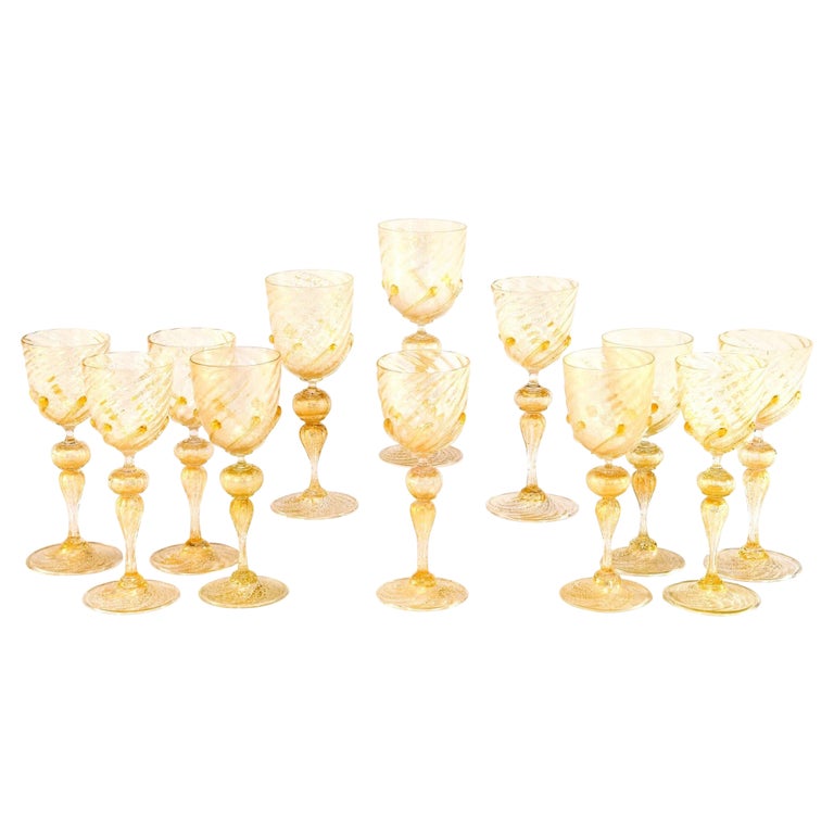 12 Venetian Salviati Large Goblets W/ Gold Leaf Inclusions & Applied Prunts  For Sale