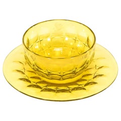 16 Steuben Yellow Cut Crystal Dessert Bowls & Underplates w/ Armorial Crest