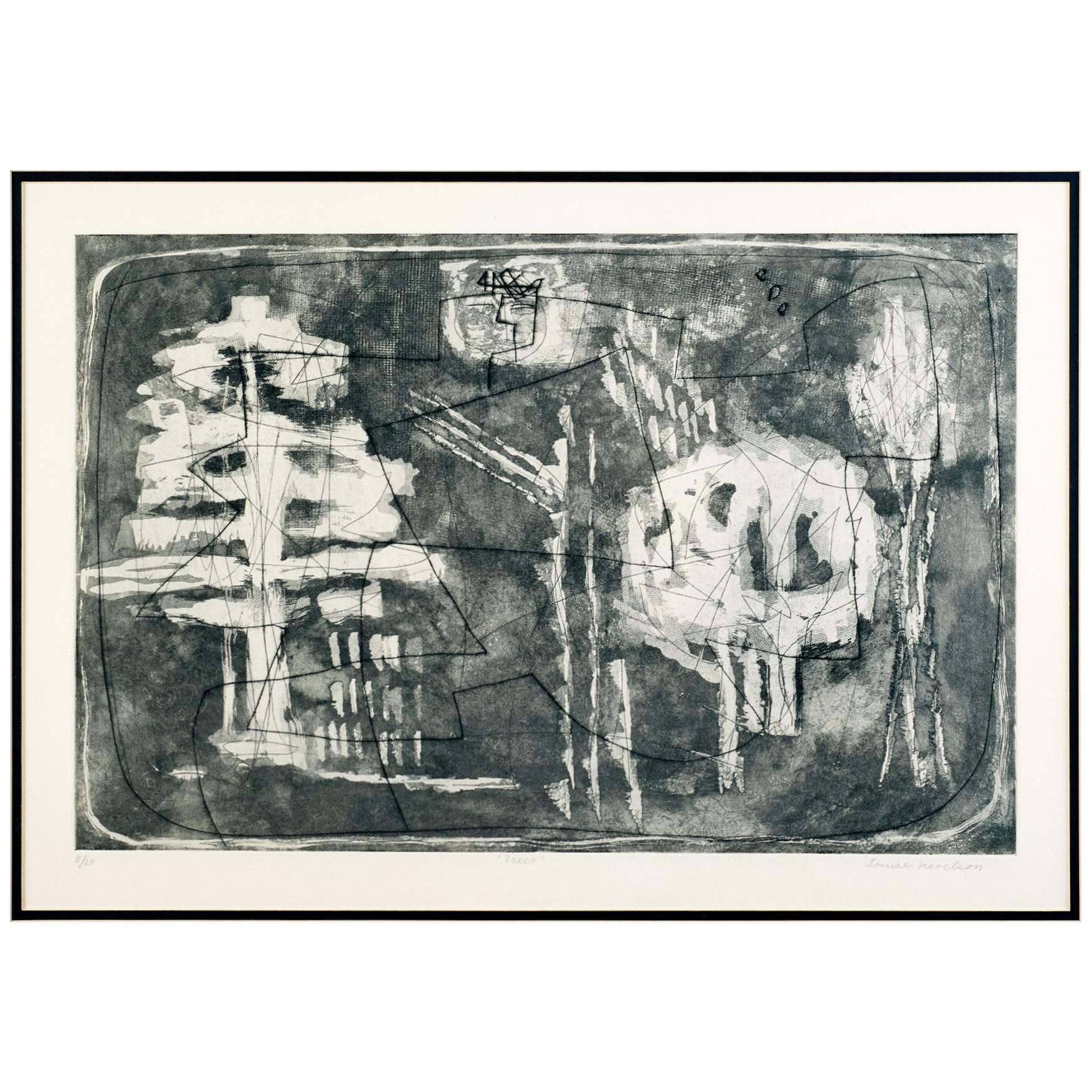 Louise Nevelson, Limited Edition Poetic Black and Grey Etching with Aquatint 
