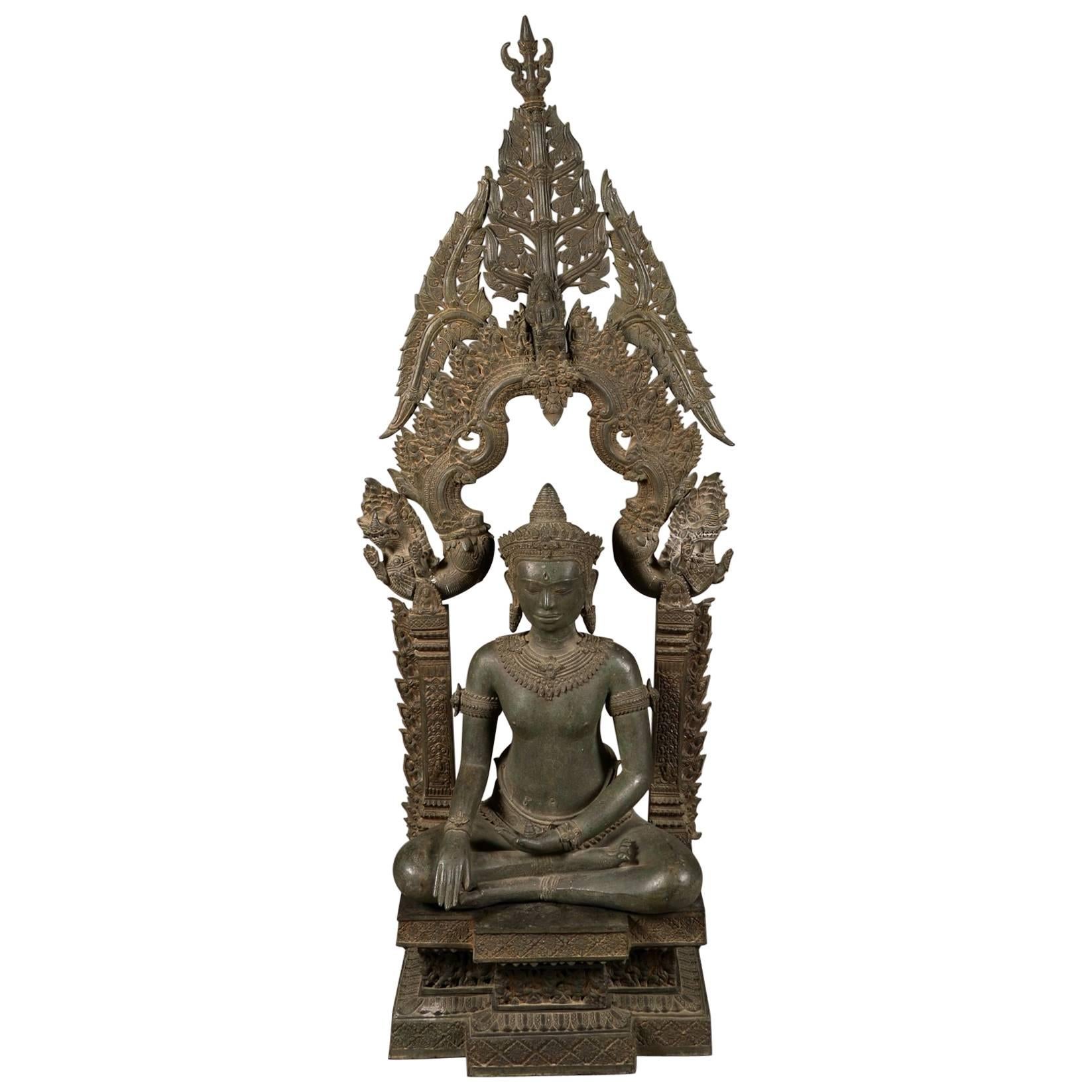 Large Old Cambodian Bronze Temple Buddha