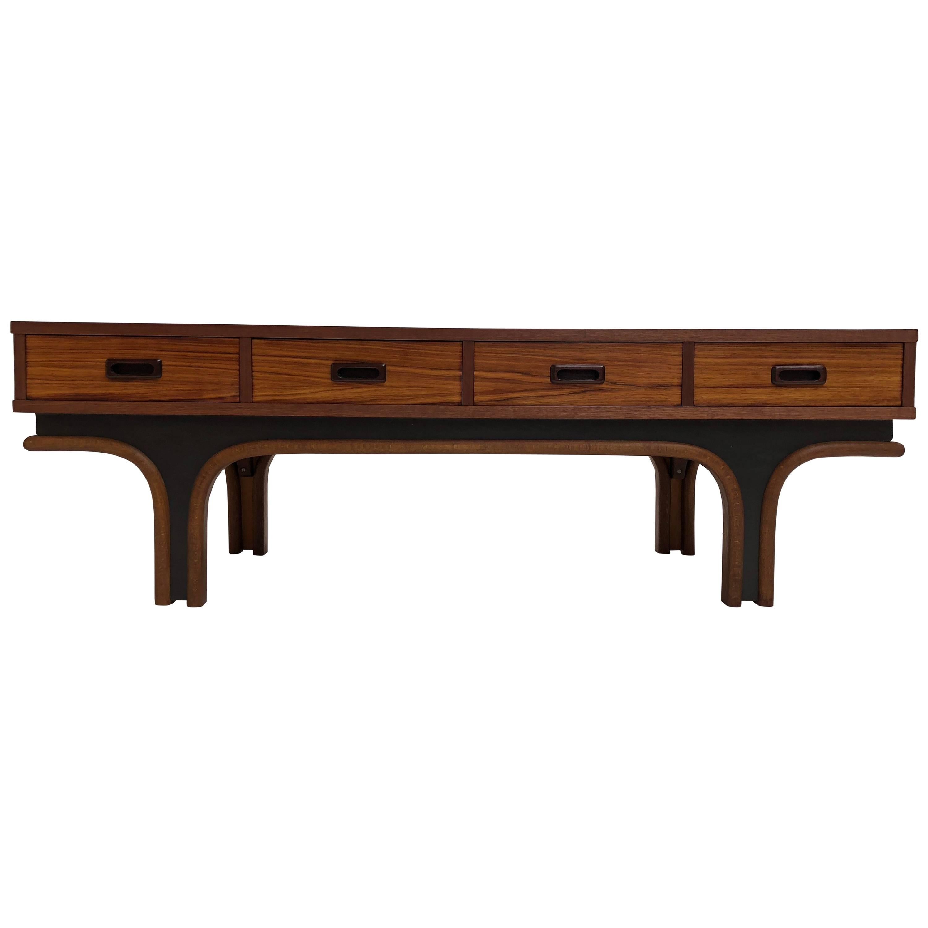 Gianfranco Frattini Style Low Table, Credenza in Mahogany, Birch & Leather 1960s