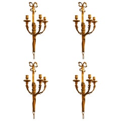 Wonderful Set of Four French Gilt Dore Bronze Louis XVI Bow Top Filigree Sconces