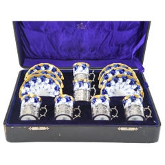 Set of 12 Coalport Cups & Saucers W/ Cobalt, Gold, Sterling Silver Fittings