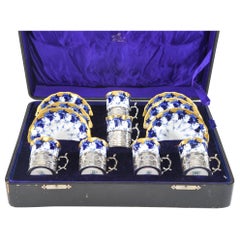 Antique Set of 12 Coalport Cups & Saucers W/ Cobalt, Gold, Sterling Silver Fittings