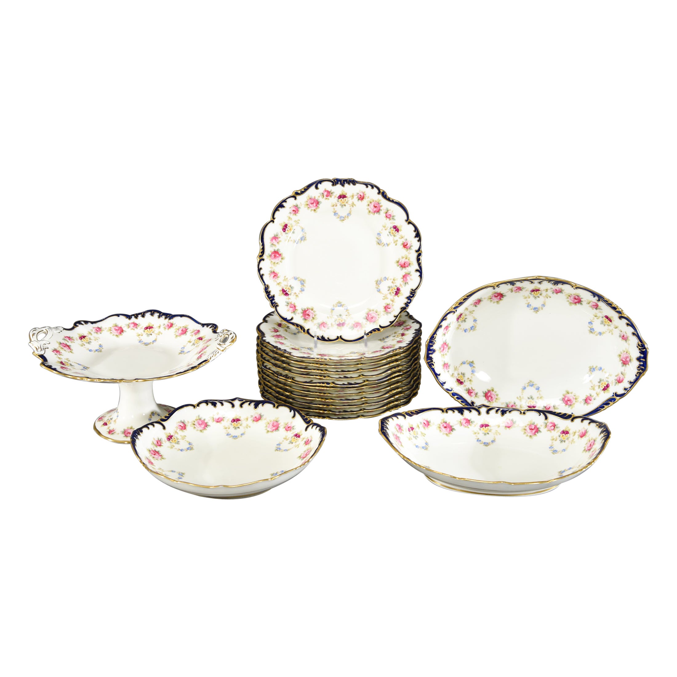 Cauldon 16 Pc. Dessert Set Blue Shaped Rims, Hand Painted Flowers Serving Pcs