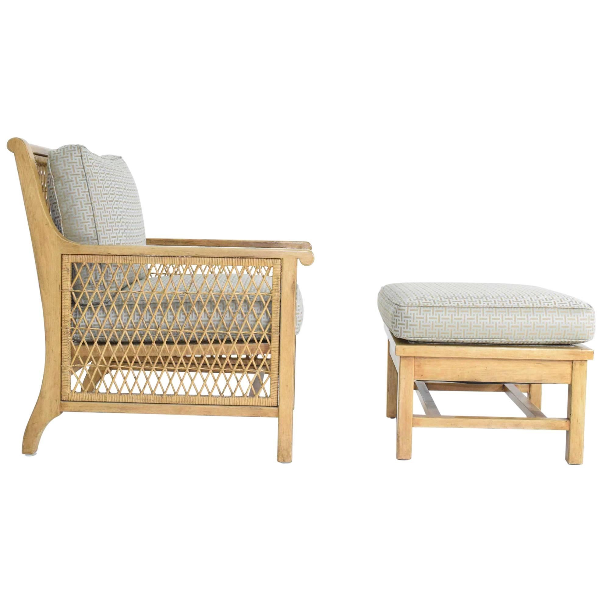 Oak and Wicker Lounge Chair with Ottoman