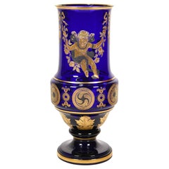 Hand Blown Moser Crystal Cobalt Blue Vase W/ Gold Overlay & Engraved Cherubs